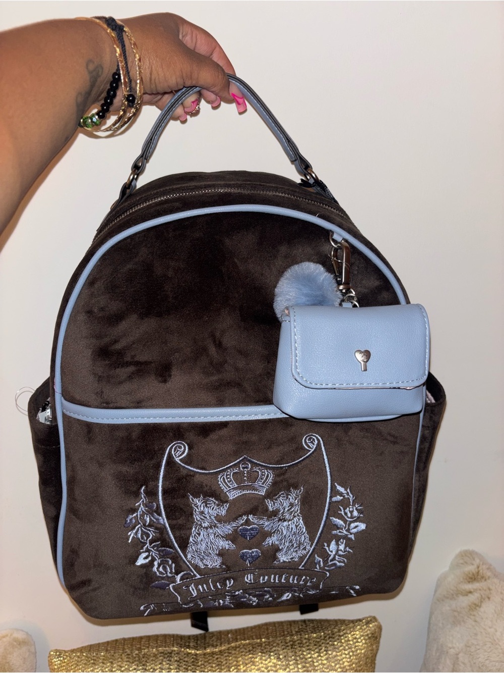 Juicy Couture Brown Velvet Backpack with Light Blue Trim & Detachable Pouch
